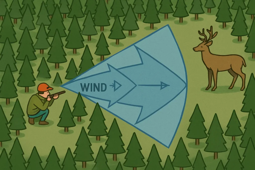 Illustration Showing Hunter Scent Blowing Downwind from the Game