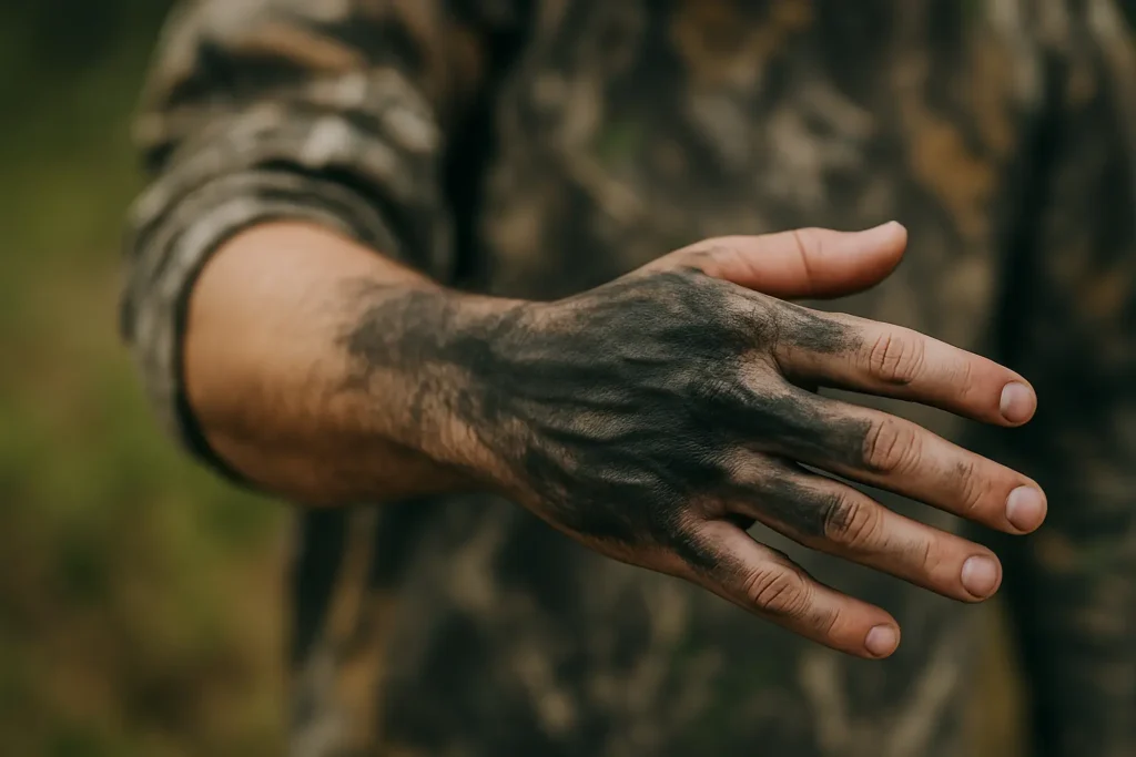 Hunter Rubbing Charcoal into Skin for Scent and Camouflage Mitigation